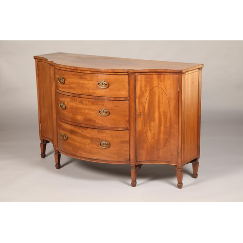 557 - Mahogany sideboard, central column of three bow fronted drawers, flanked 
by single concave cupboard... 