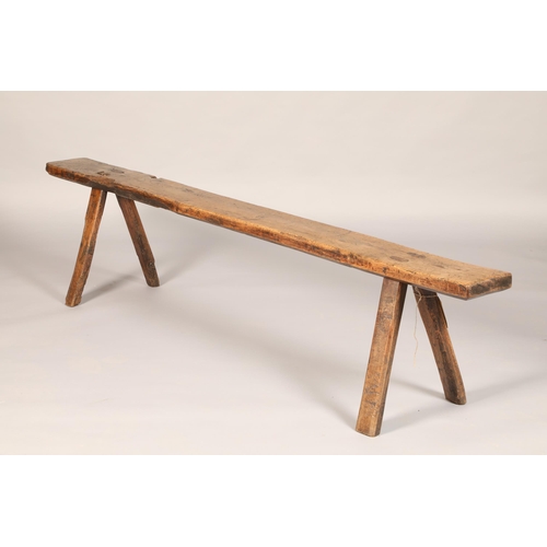 563 - Rustic antique oak peg bench , 228cm long, 41cm high