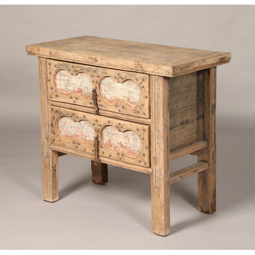 565 - Eastern pine two drawer chest, with rustic metal drop handles, length 98cm, width 46cm, height 85cm