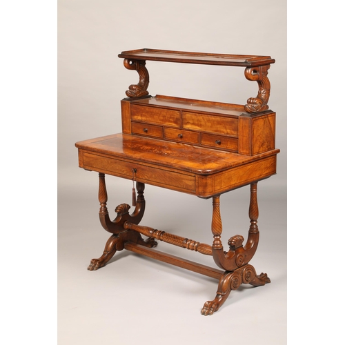 567 - Mahogany and inlaid rosewood desk, upper shelf raised on carved dolphin supports over a substructure... 