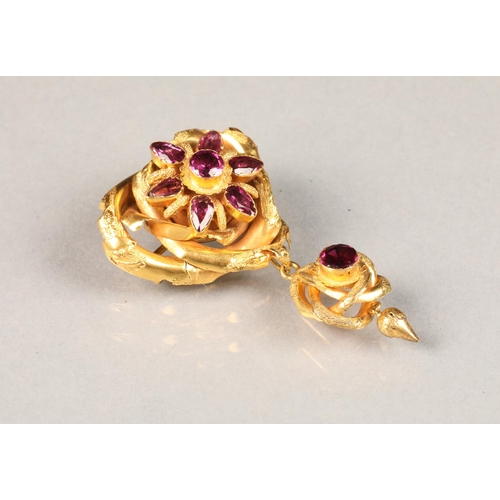 57 - Victorian amethyst drop pendant brooch set on unmarked yellow metal