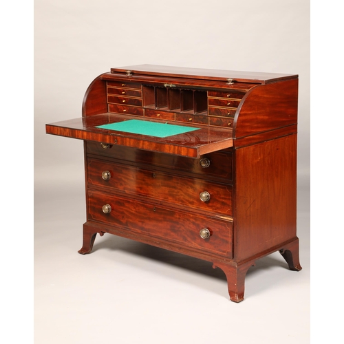 574 - Victorian mahogany cylinder topped writing bureau, revealing a fitted interior above three graduated... 