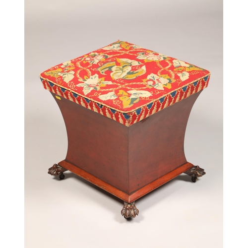 580 - Victorian mahogany stool, square tapestry top, with waisted body on carved paw feet, width 43cm, hei... 