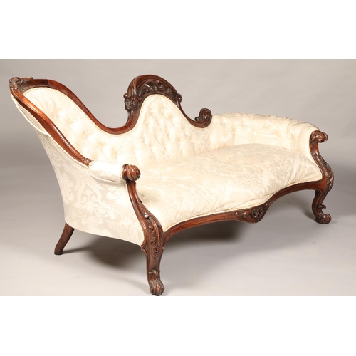 589 - 19th century mahogany button back settee, shaped carved back with floral carving on cabriole legs, l... 