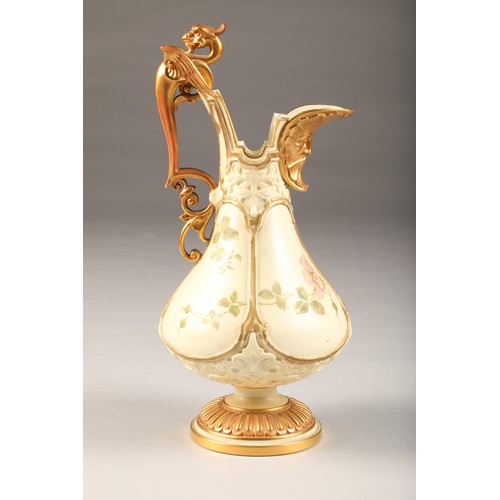 4 - 19th century Royal Worcester ewer, gilt winged dragon handle and gilt face mask, with hand painted  ... 