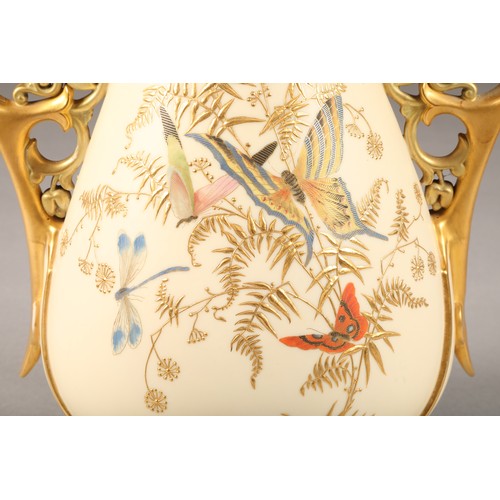 15 - 19th century Royal Worcester blush ware vase, decorated with gilt foliage and hand painted butterfli... 