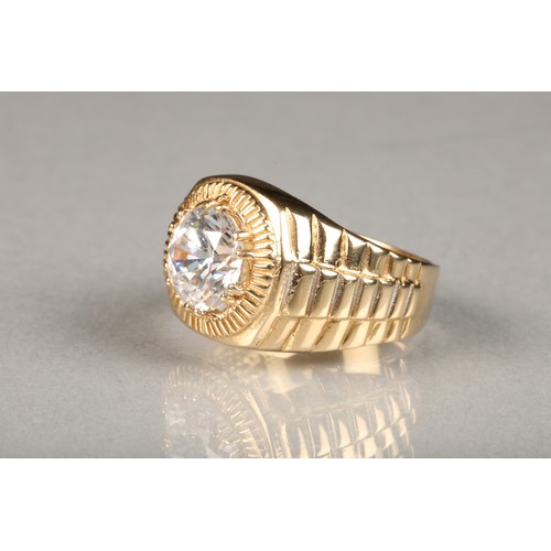 34 - Gents 9 carat gold dress ring, of Rolex watch form with a 3 carat set cubic zirconia, ring size V, w... 