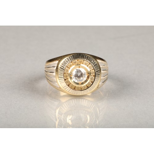 35 - Gents 14 carat yellow gold dress ring, with a central set 0.5 carat cubic zirconia, ring size S, wei... 