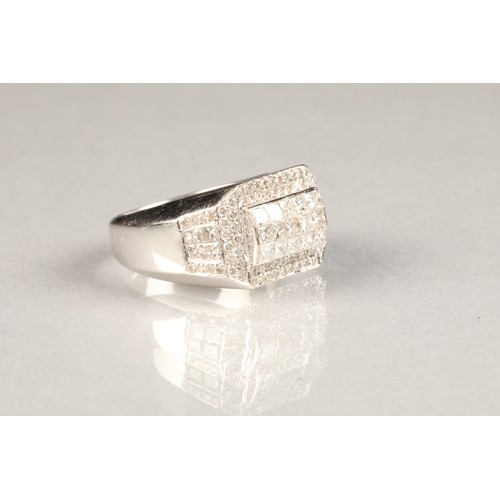 52 - 18 carat white gold gents diamond ring set with, princess and brilliant cut diamonds, approximately ... 