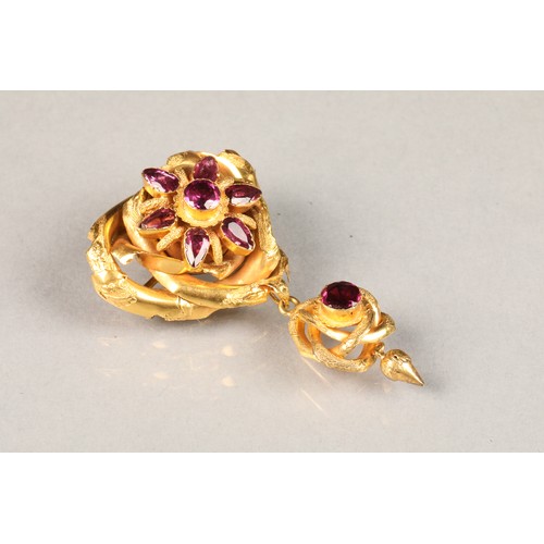 57 - Victorian amethyst drop pendant brooch set on unmarked yellow metal