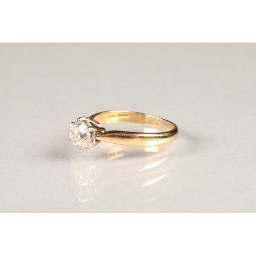 65 - Ladies diamond solitaire ring, one carat diamond set on 18 carat yellow gold ring size P