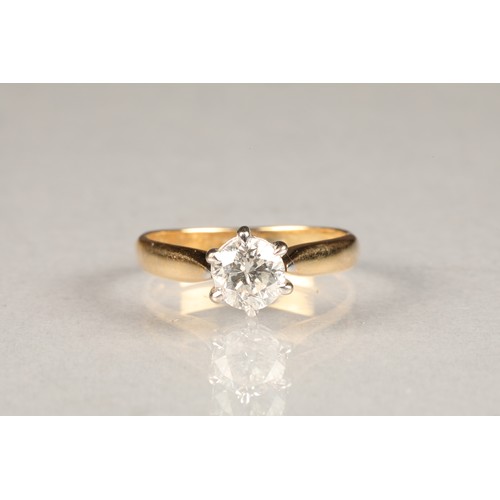 65 - Ladies diamond solitaire ring, one carat diamond set on 18 carat yellow gold ring size P