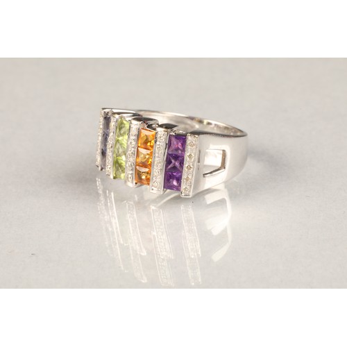 75 - 14 carat white gold, multi coloured gem stone set ring, four coloured bands of gemstones separated w... 