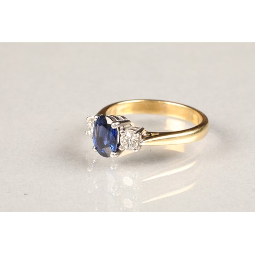 87 - Ladies 18 carat gold diamond and sapphire ring, sapphire with 0.2 carat diamonds on either side. rin... 