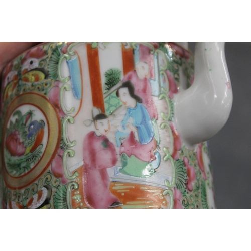 175 - Late 19th/early 20th century Chinese Canton enamel teapot of cylindrical form with two bound wire ha... 