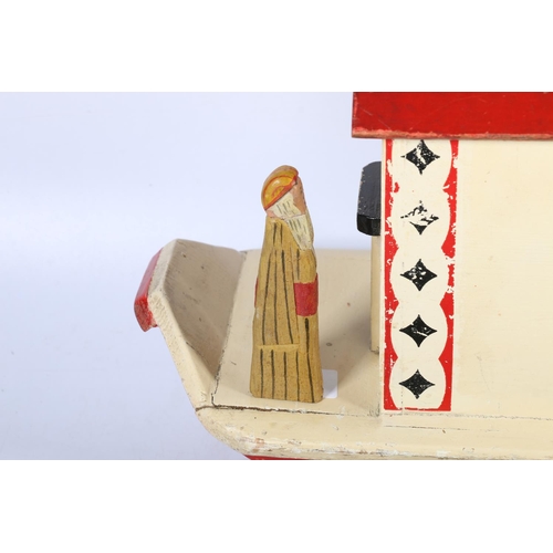 19 - Mid-century painted wood model of Noah's ark, the top hinged to reveal interior with painted wood an... 