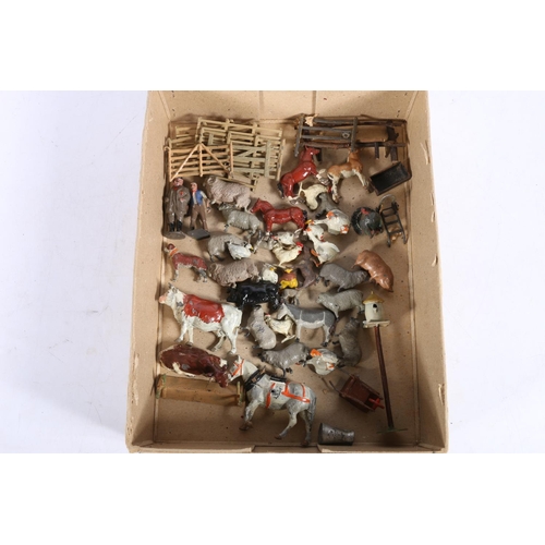 80 - Britains painted lead farm models including farmer, cow, turkey, horses, chickens, wheelbarrow, bird... 