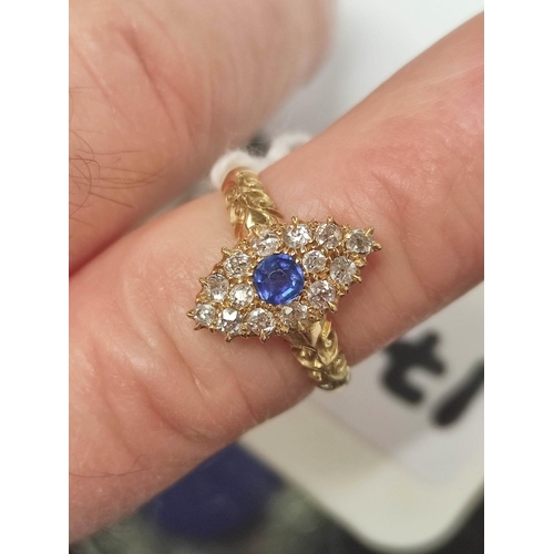 170K - Victorian marquise cluster ring, with sapphire surrounded by pavé old cut diamond brilliants, 18ct g... 