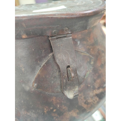 541 - Angling. Late 18th century leather 'pot bellied' fishing creel, of squat form, the embossed lid deco... 