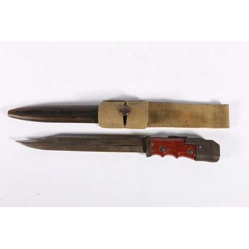 589 - British no7 knife bayonet with scabbard and canvas frog.