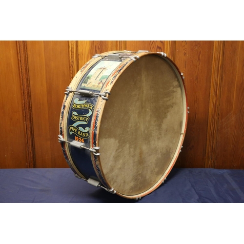 594 - Borthwick District Pipe Band 1924 drum with painted illustration of Borthwick Castle, 78cm diameter.