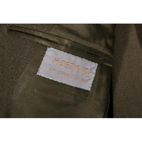 597 - British Army uniform, a khaki green jacket with pocket label for Moss Bros of Covent Garden, epaulet... 