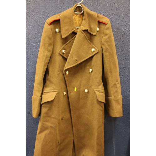 602 - British Army uniform, a khaki green trench coat with Moss Bros of London label having HLI Highland L... 