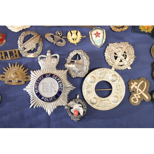 569 - Large collection of military cap badges etc. to include an Argyll and Sutherland Highlanders plaid b... 