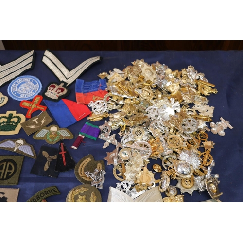 569 - Large collection of military cap badges etc. to include an Argyll and Sutherland Highlanders plaid b... 