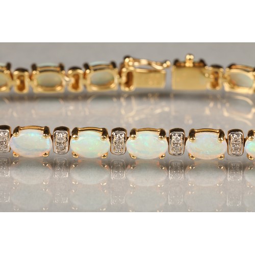 99 - Ladies 18 carat yellow gold opal and diamond bracelet, each opal interspersed with two small diamond... 