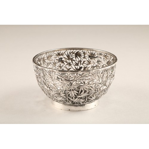 197 - 19th Century Chinese pierced silver bowl, decorated with birds and bamboo with vacant shield shaped ... 