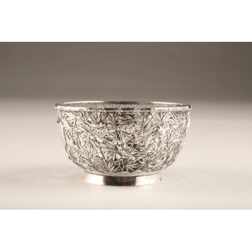 197 - 19th Century Chinese pierced silver bowl, decorated with birds and bamboo with vacant shield shaped ... 