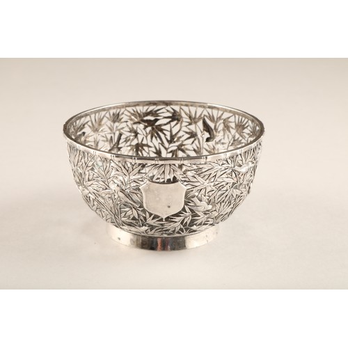 197 - 19th Century Chinese pierced silver bowl, decorated with birds and bamboo with vacant shield shaped ... 