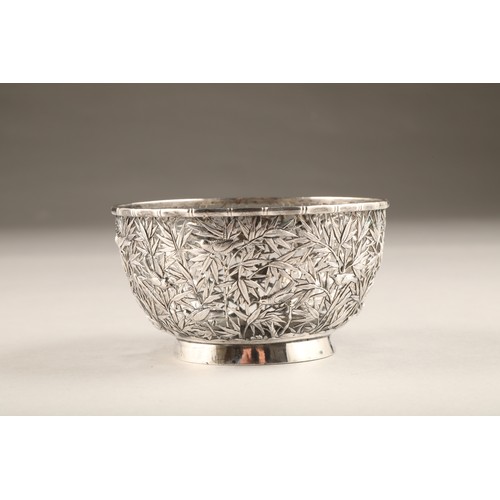 197 - 19th Century Chinese pierced silver bowl, decorated with birds and bamboo with vacant shield shaped ... 