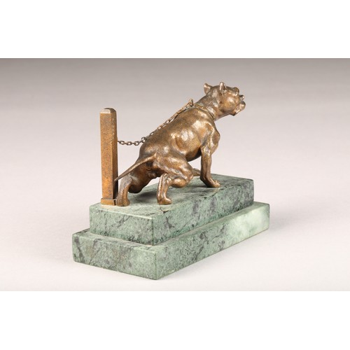 221 - Continental bronze figure of a chained bulldog signed A.Berg, mounted to a stepped green marble base... 