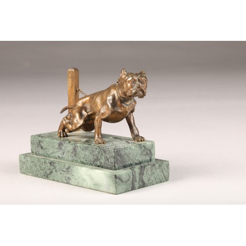 221 - Continental bronze figure of a chained bulldog signed A.Berg, mounted to a stepped green marble base... 