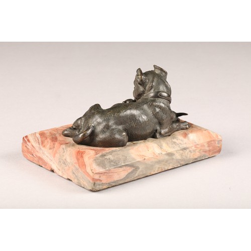 223 - French bronze figure of a bulldog and four pups, mounted to a rectangular rouge marble base, length ... 