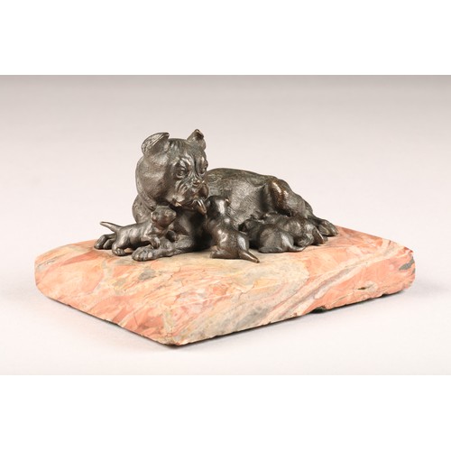 223 - French bronze figure of a bulldog and four pups, mounted to a rectangular rouge marble base, length ... 