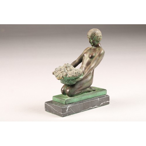 232 - Max Le Verrier (French 1892-1962) Pair Art Deco bronze figures, of a maiden with a basket of fruit s... 