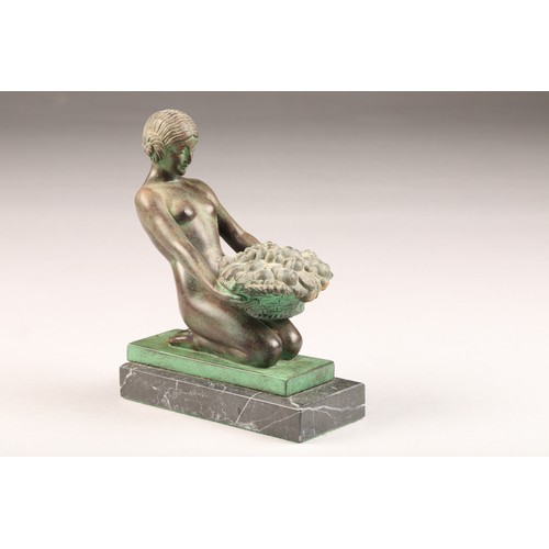 232 - Max Le Verrier (French 1892-1962) Pair Art Deco bronze figures, of a maiden with a basket of fruit s... 