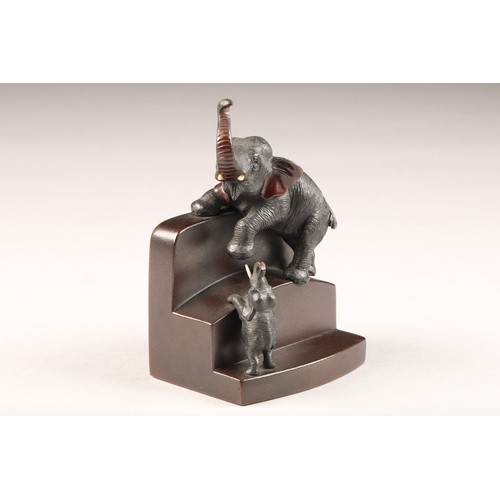 235 - Pair late 19th/20th Century Japanese bronze bookends, stepped form with an applied adult elephant an... 