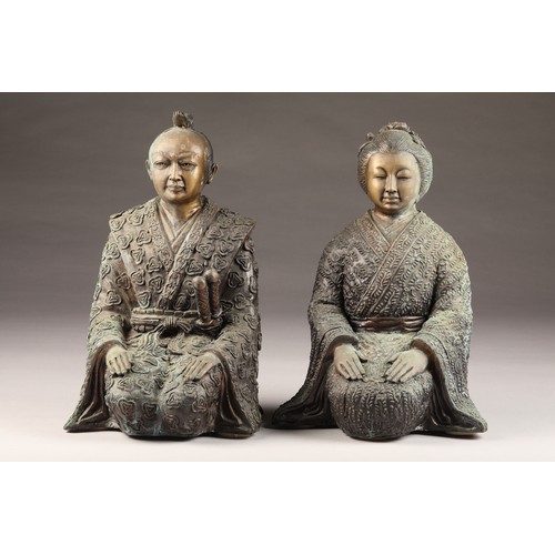 236 - Pair modern bronzed Japanese figures, a kneeling Samurai warrior and Geisha Girl, height 38cm