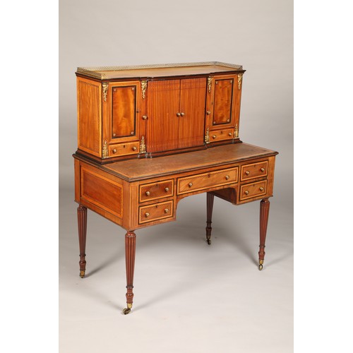 553 - Regency style leather topped bonheur de jour writing desk, pull out writing surface, bordered by sat... 