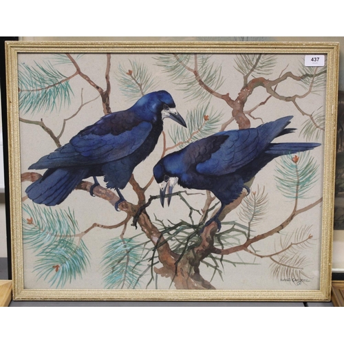 437 - Ralston Gudgeon (Scottish 1910-1984). *ARR*Pair of rooks building a nest amongst pine branches.Water... 