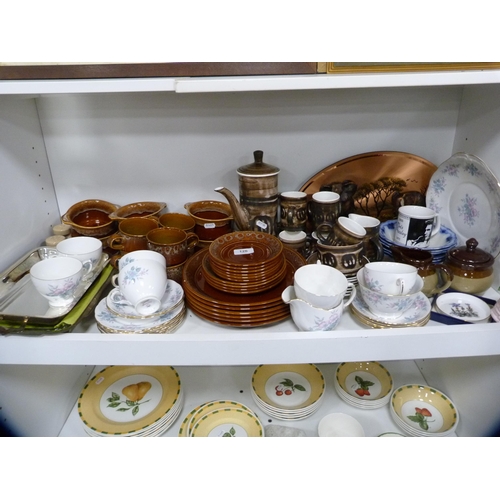 126 - Brown glazed breakfast set, Rye Pottery coffee set and other decorative items (one shelf).