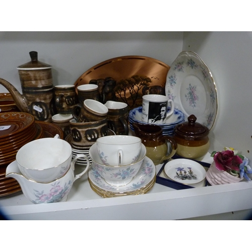 126 - Brown glazed breakfast set, Rye Pottery coffee set and other decorative items (one shelf).
