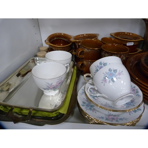 126 - Brown glazed breakfast set, Rye Pottery coffee set and other decorative items (one shelf).