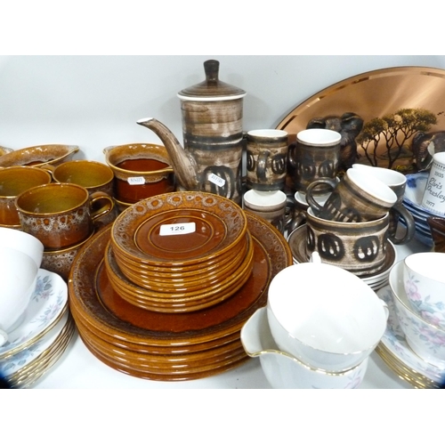 126 - Brown glazed breakfast set, Rye Pottery coffee set and other decorative items (one shelf).