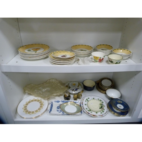 127 - Staffordshire Churchill part service, other decorative plates and a large glass bowl etc (two shelve... 