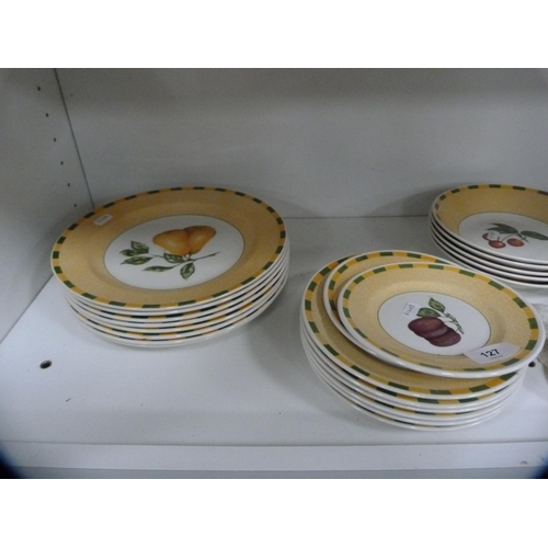 127 - Staffordshire Churchill part service, other decorative plates and a large glass bowl etc (two shelve... 